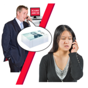 A man asking for money over the phone and the woman he is talking to looks worried
