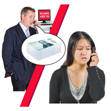 A man asking for money over the phone and the woman he is talking to looks worried