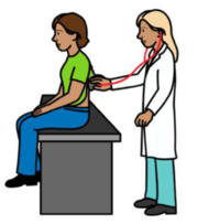 A drawing of a doctor listening to a woman's chest by putting a stethoscope on her back
