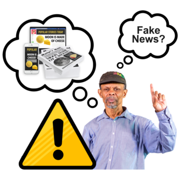 A warning sign next to a man who has read about something and is wondering if it is fake or real.