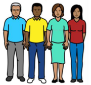 A drawing of two men and two women standing in a line