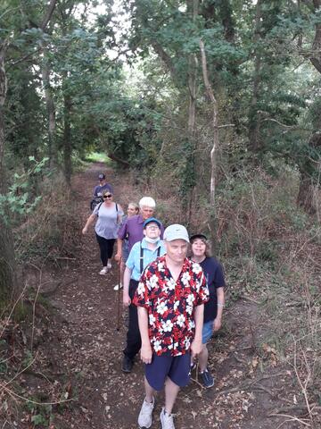 A group of people walking in some woods.