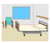 A drawing of a room with a hospital bed, window and chair