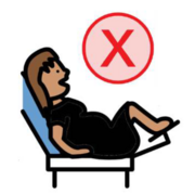 A drawing of a woman lying on a doctors couch with her knees up and a red cross above her