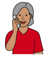 A drawing of an older person with grey hair making a phone call