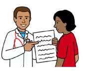 A drawing of a doctor showing a patient some test results on a piece of paper