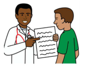 A drawing of a doctor showing a patient some test results on a piece of paper