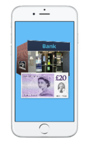 A mobile phone with an image of a high street bank and a 20 pound note on the screen