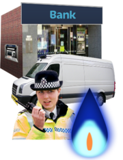 Image of a bank, a white van, a police officer, and a gas flame