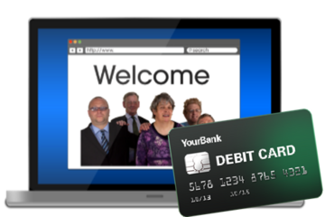 A laptop with a website on the screen and a bank card