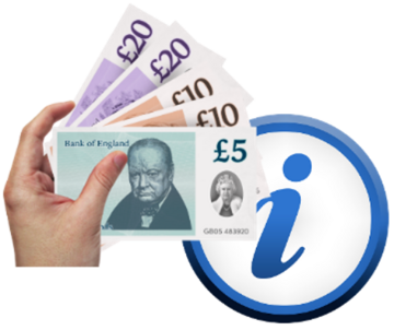 A hand holding 5, 10, and 20 pound notes and an information symbol