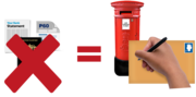 A passport, P60 and bank statement with a red cross over them. Next to that is an equals sign and then a post box with a hand writing on a stamped envelope