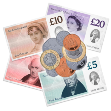 Bank notes and coins on top