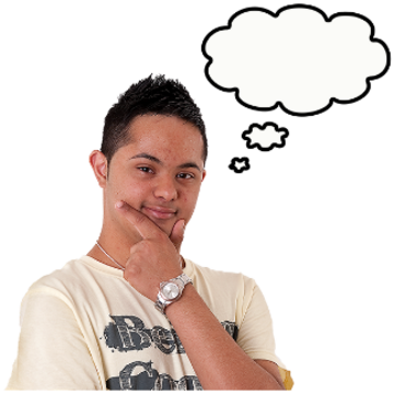A man with his hand on his chin and a thought bubble above his head