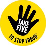 A yellow circle with a drawing of a hand in black inside - text reads Take Five to Stop Fraud