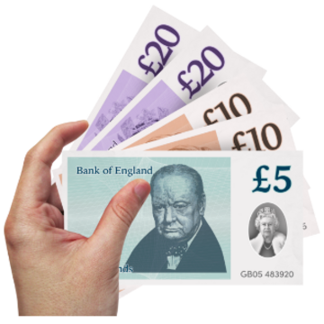 A hand holding 5, 10, and 20 pound notes