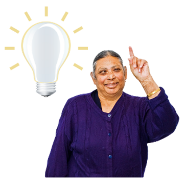 A woman points upwards with a glowing lightbulb next to her