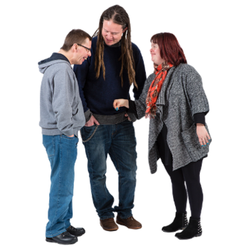 Two men and a woman stand together speaking to each other