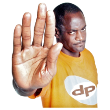 A man holding his hand up in front of him with a stern look on his face