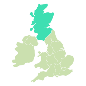 A map of the UK and Republic of Ireland highlighting Scotland in dark green