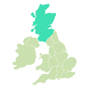 A map of the UK and Republic of Ireland highlighting Scotland in dark green