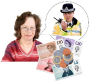 A woman with a speech bubble with a police officer inside next to a pile of money
