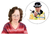 A woman with a speech bubble with a police officer inside