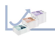A graph with an arrow pointing upwards over piles of cash which increase in value as the arrow goes up