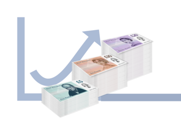 A graph with an arrow pointing upwards over piles of cash which increase in value as the arrow goes up