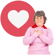 A woman holding her hands to a chest with a love heart in a red circle behind her