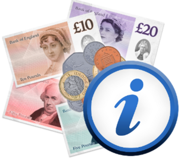 A pile of money and a round information symbol with a letter i inside