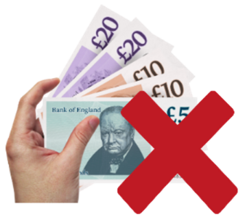 A hand holding 5, 10, and 20 pound notes with a red cross over one corner