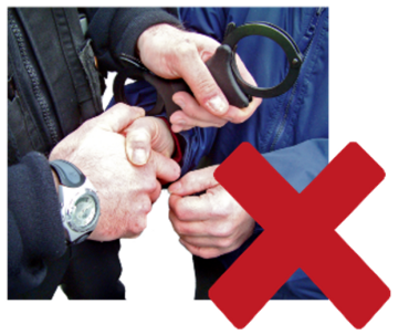 Close of hands being placed in handcuffs with a red cross