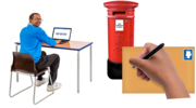 A man sitting at a desk using a computer next to a post box and a hand writing on a stamped addressed envelope