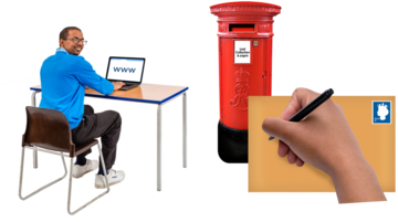 A man sitting at a desk using a computer next to a post box and a hand writing on a stamped addressed envelope