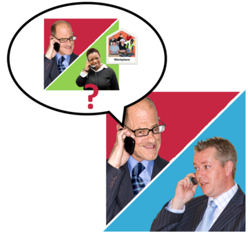 Two men are talking to each other on the phone. One man is asking the other if it is OK for them to speak to his boss at work