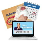 An envelope with an address, a baby next to a calendar with a date circled, and a computer with a password on the screen