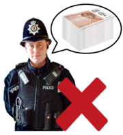 A police officer with a speech bubble containing a pile of money, with a red cross on one side
