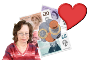 A woman next to some money and a red love heart