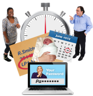 Two people standing next to a stopwatch with personal information in front of them