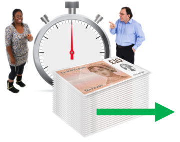 Two people standing next to a stopwatch with a pile of money and a green arrow