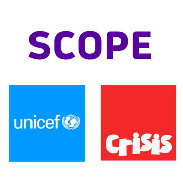 Logos of the charities Scope, Unicef and Crisis