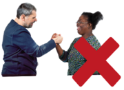A man and a woman shake hands with a red cross over one corner of the image