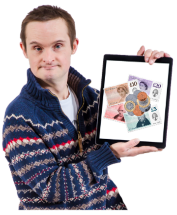 A man holding up a tablet with a picture of money on it