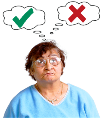 A woman with two thought bubble above her, one with a green tick and the other with a red cross in them