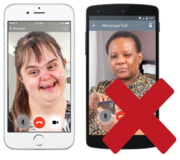 A video call on mobile phones between two women with a red cross over one corner