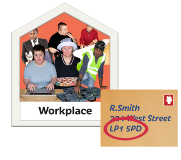 An image of a workplace next to an envelope showing an address and post code