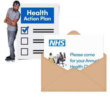 A man with a learning disability stands next to a health action plan and there is an open envelope with an invitation in it asking someone to go for their annual health check