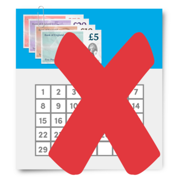 A calendar with money and a red cross over it