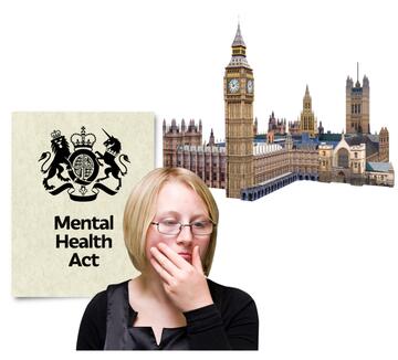 A young woman with her hand over her mouth in front of the Mental Health Act paper beside the Houses of Parliament